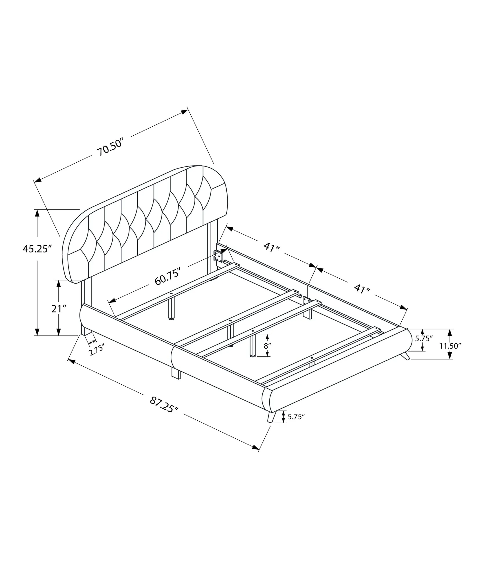 Bed - Queen Size / Brown Leather-Look With Wood Legs