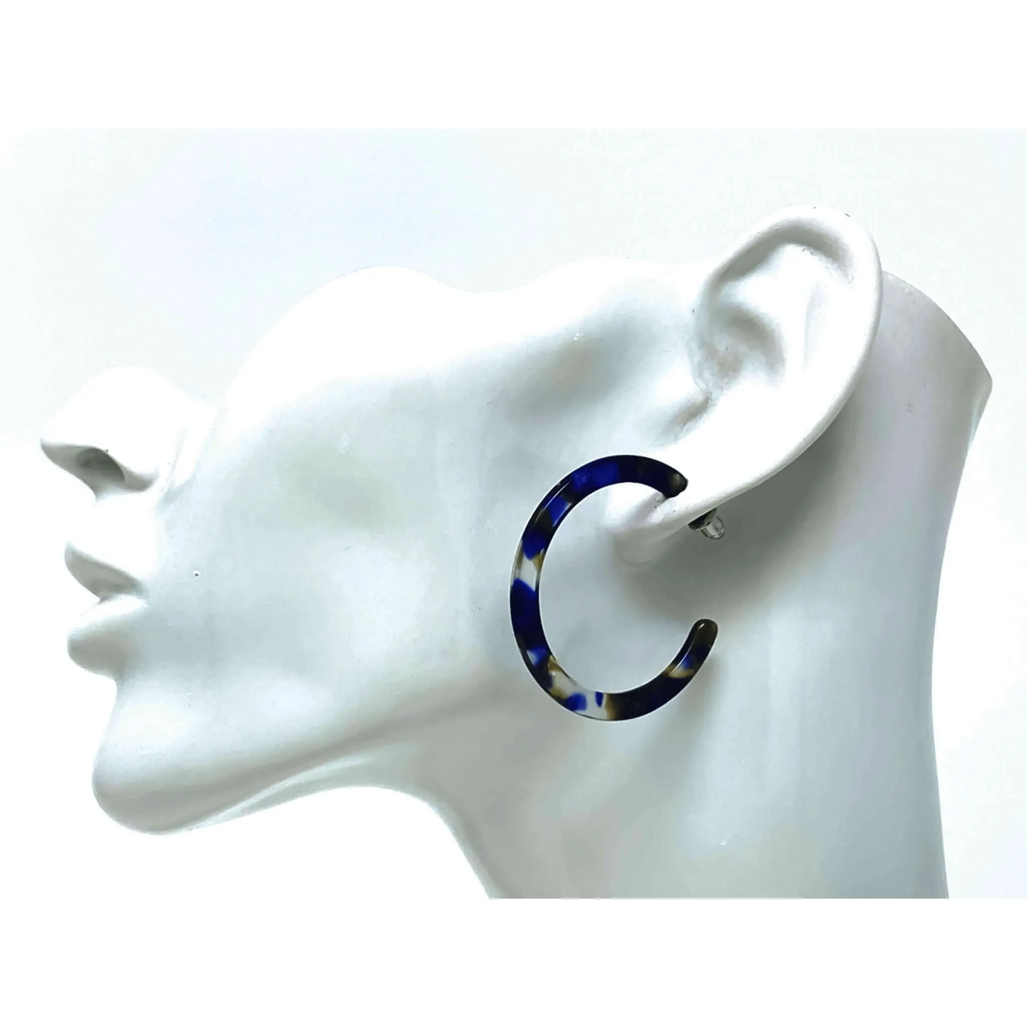 Blue Marbled Stud Hoop Resin Earrings