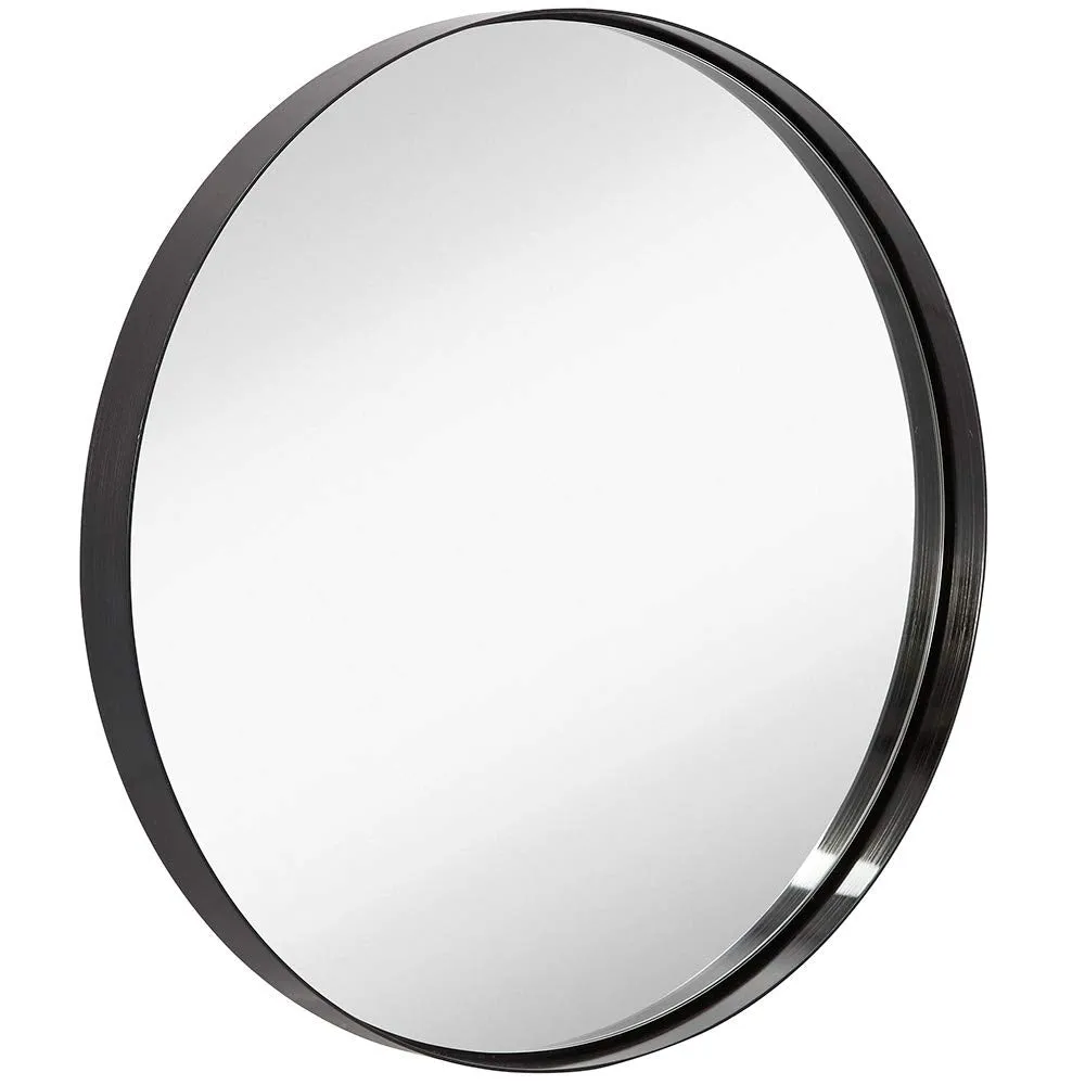 Contemporary Brushed Metal Black Wall Mirror | Glass Panel Black Framed Rounded Circle