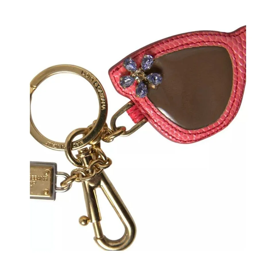 Dolce & Gabbana Red Leather Crystal Sunglasses Gold Metal Keyring Keychain