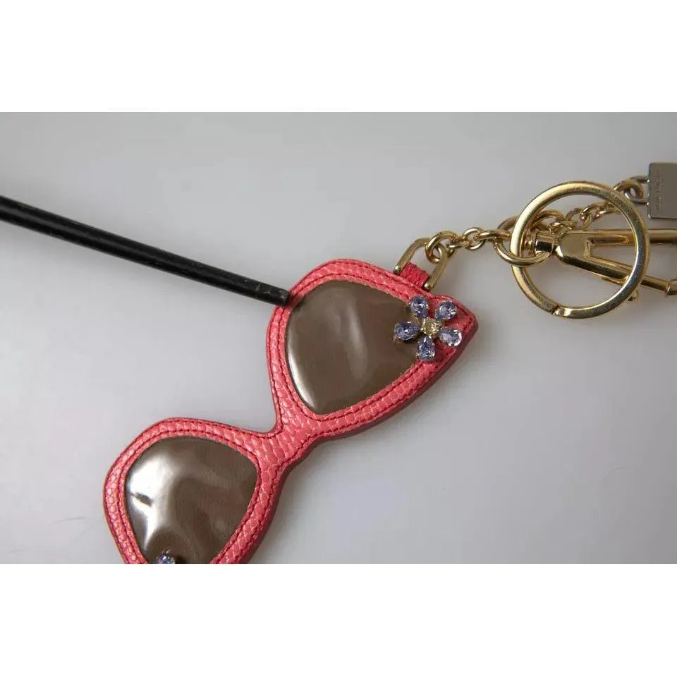 Dolce & Gabbana Red Leather Crystal Sunglasses Gold Metal Keyring Keychain