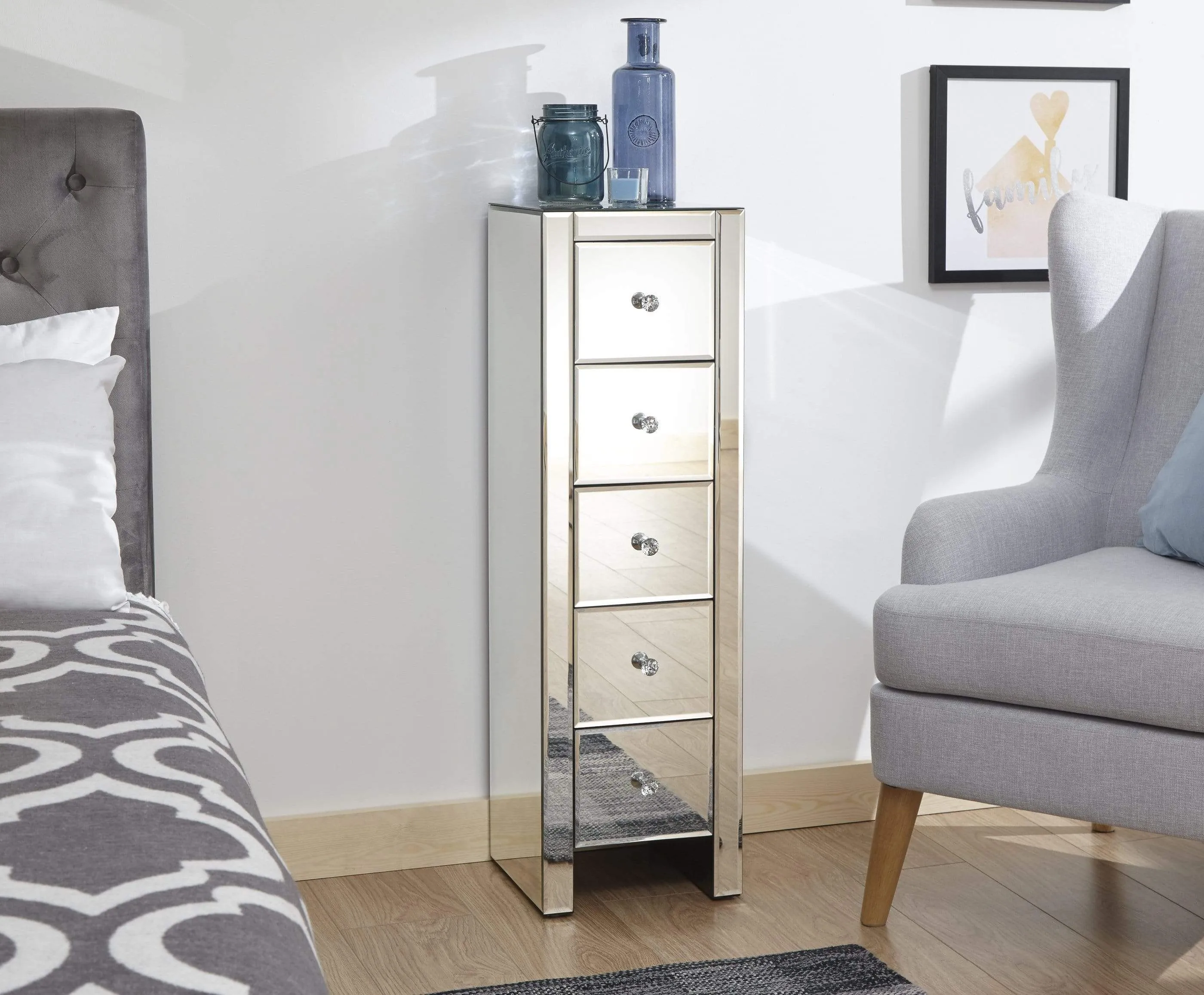 Mirrored 5 Drawer Slim Chest Clear Glass