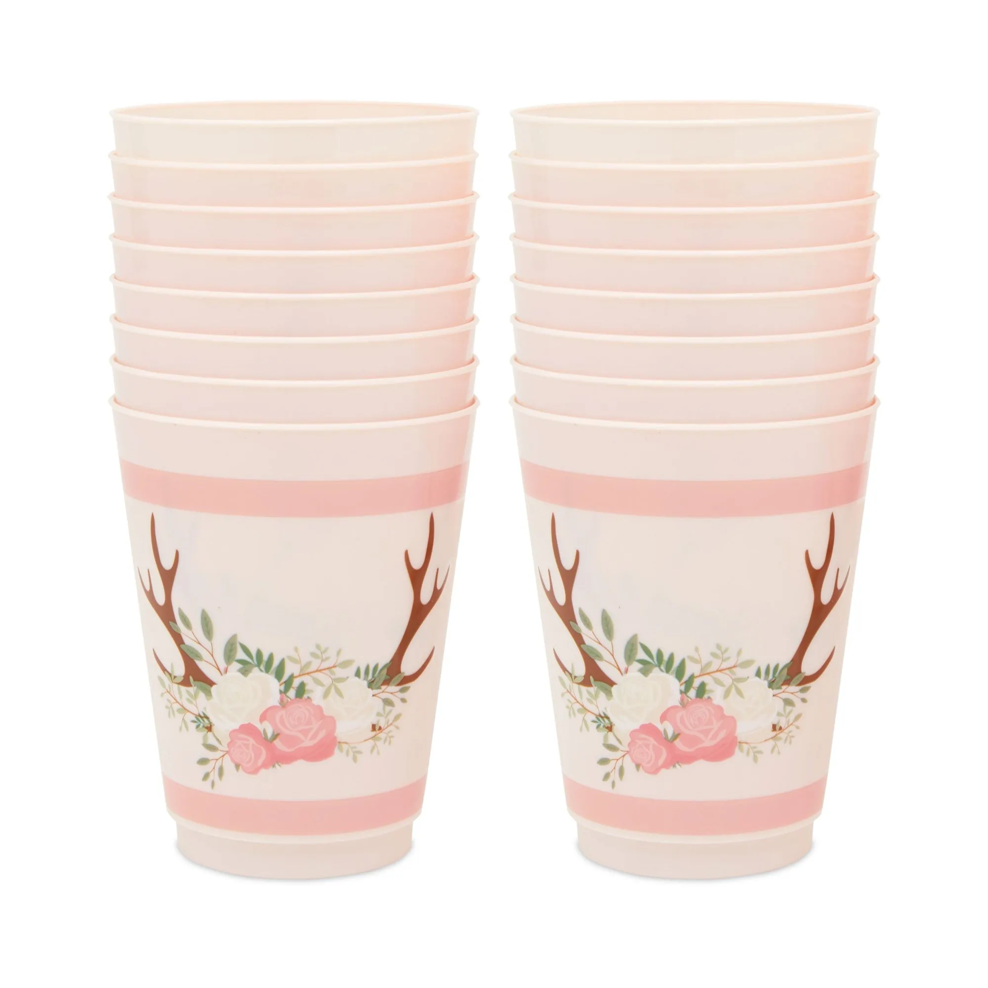 Pink Plastic Floral Tumbler Cups for Oh Deer Girl Baby Shower (16 oz, 16 Pack)