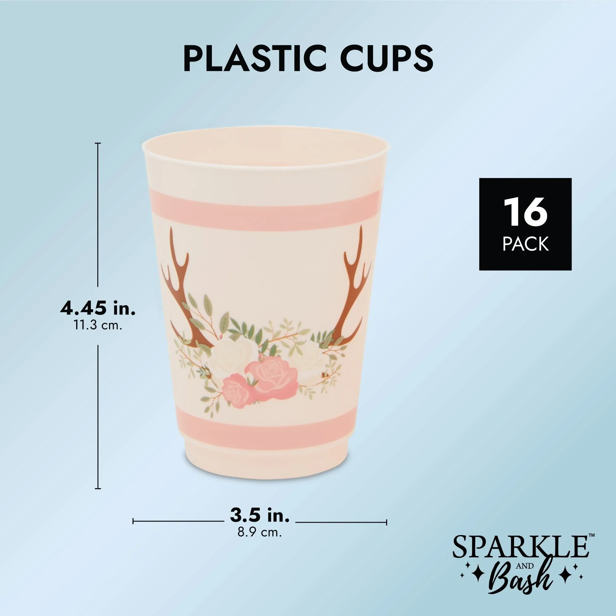 Pink Plastic Floral Tumbler Cups for Oh Deer Girl Baby Shower (16 oz, 16 Pack)