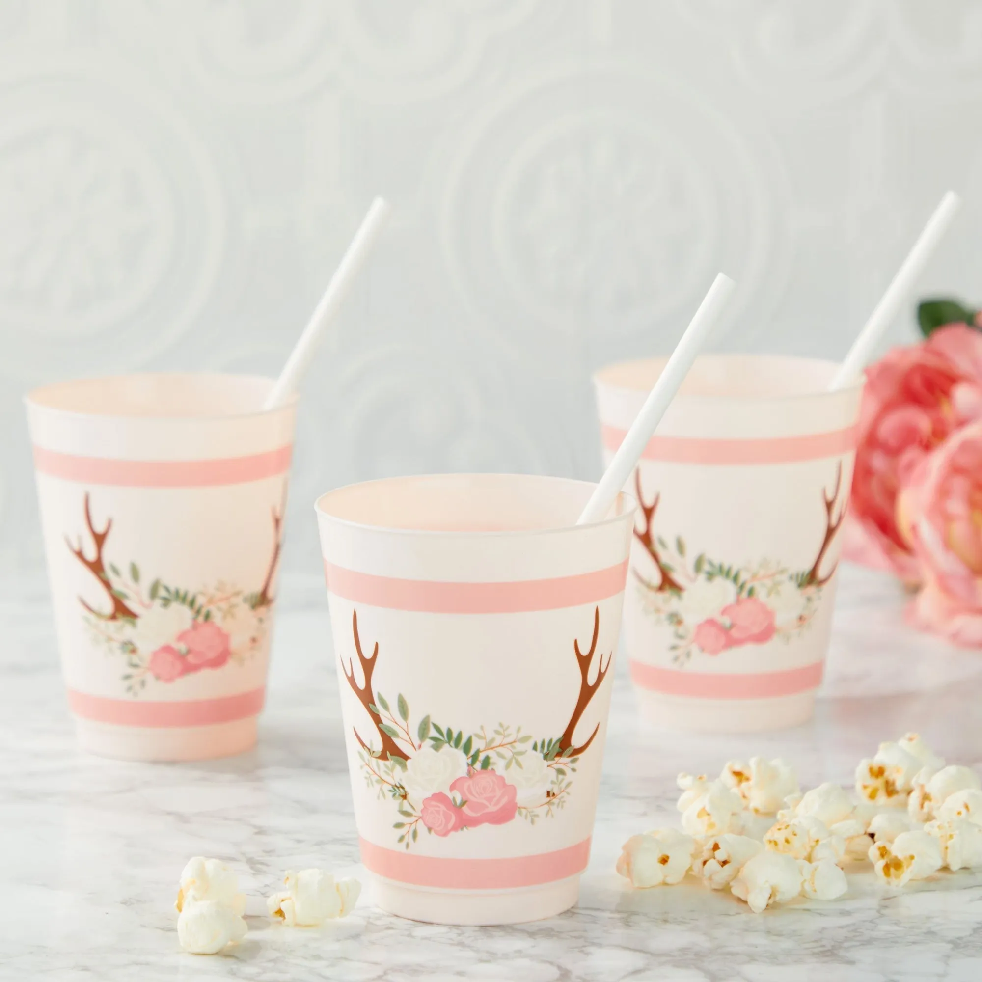 Pink Plastic Floral Tumbler Cups for Oh Deer Girl Baby Shower (16 oz, 16 Pack)